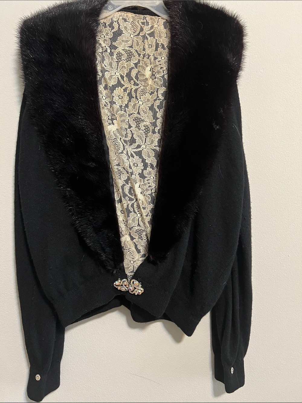 Black  real Fur Trim Cardigan with Lace Back and Crystal Closure